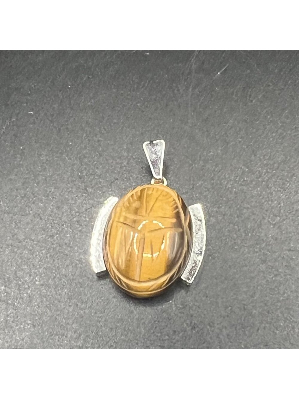 Handcrafted Danecraft Silver Scarab Tigers Eye Oval Pendant Elegant Egyptian VTG